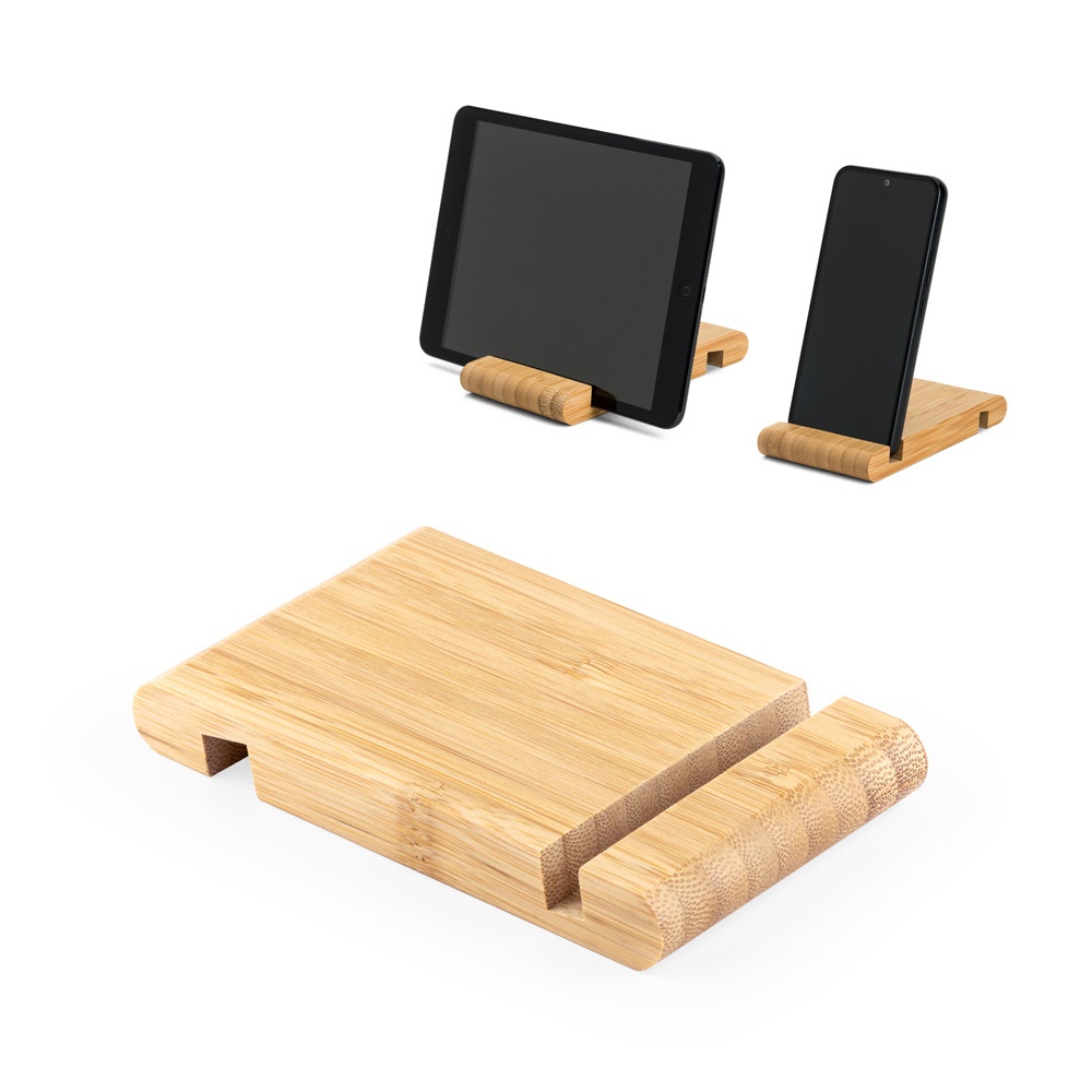 Suporte para celular com duas canaletas de tamanhos diferentes, em bambu, foto 1