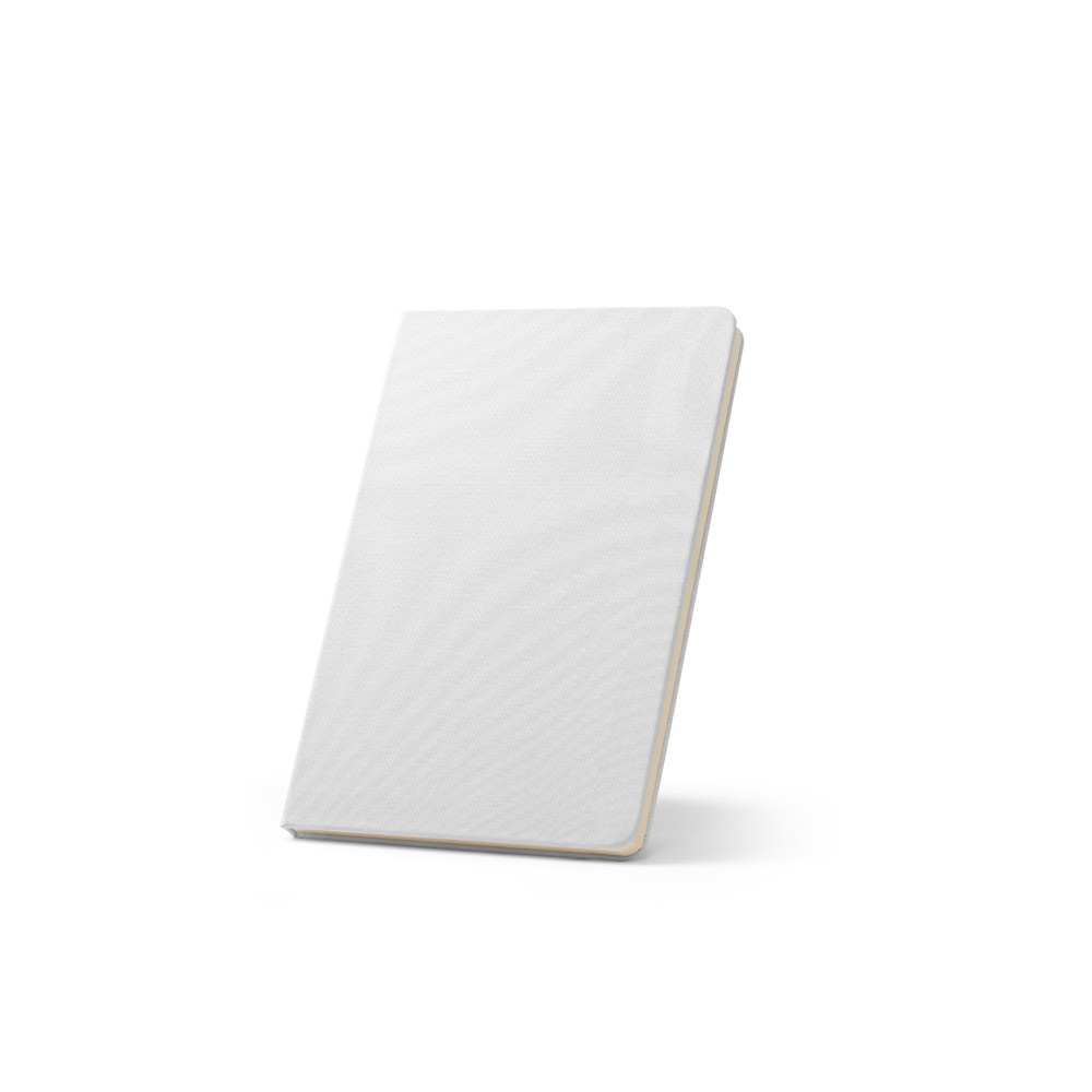 Caderno A5 de capa dura em RPET 300D para sublimação na cor Branco, personalizado com a logo da empresa