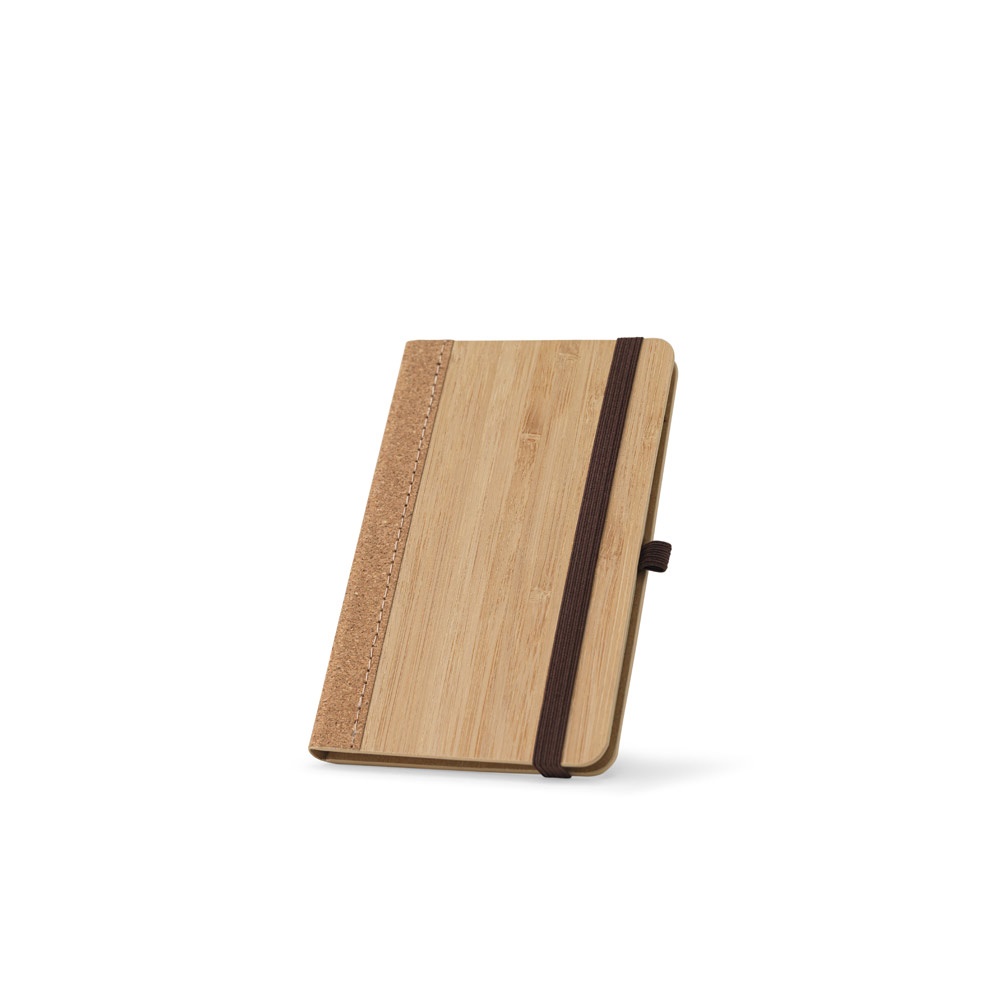 Caderno de bolso de capa dura em folha de bambu e cortiça na cor Natural, personalizado com a logo da empresa
