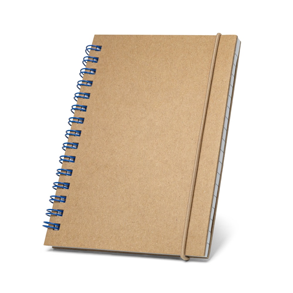 Caderno de bolso espiral de capa dura em cartão com páginas pautadas personalizado com a logo da empresa, na cor azul royal