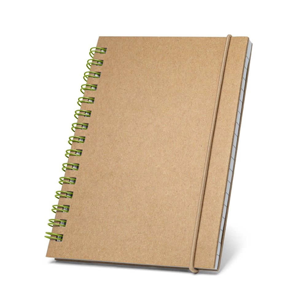 Caderno de bolso espiral de capa dura em cartão com páginas pautadas personalizado com a logo da empresa, na cor verde claro