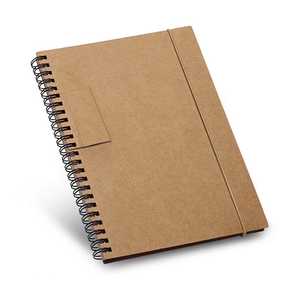 Caderno B6 de capa dura em cartão, com páginas pautadas recicladas na cor Preto, personalizado com a logo da empresa