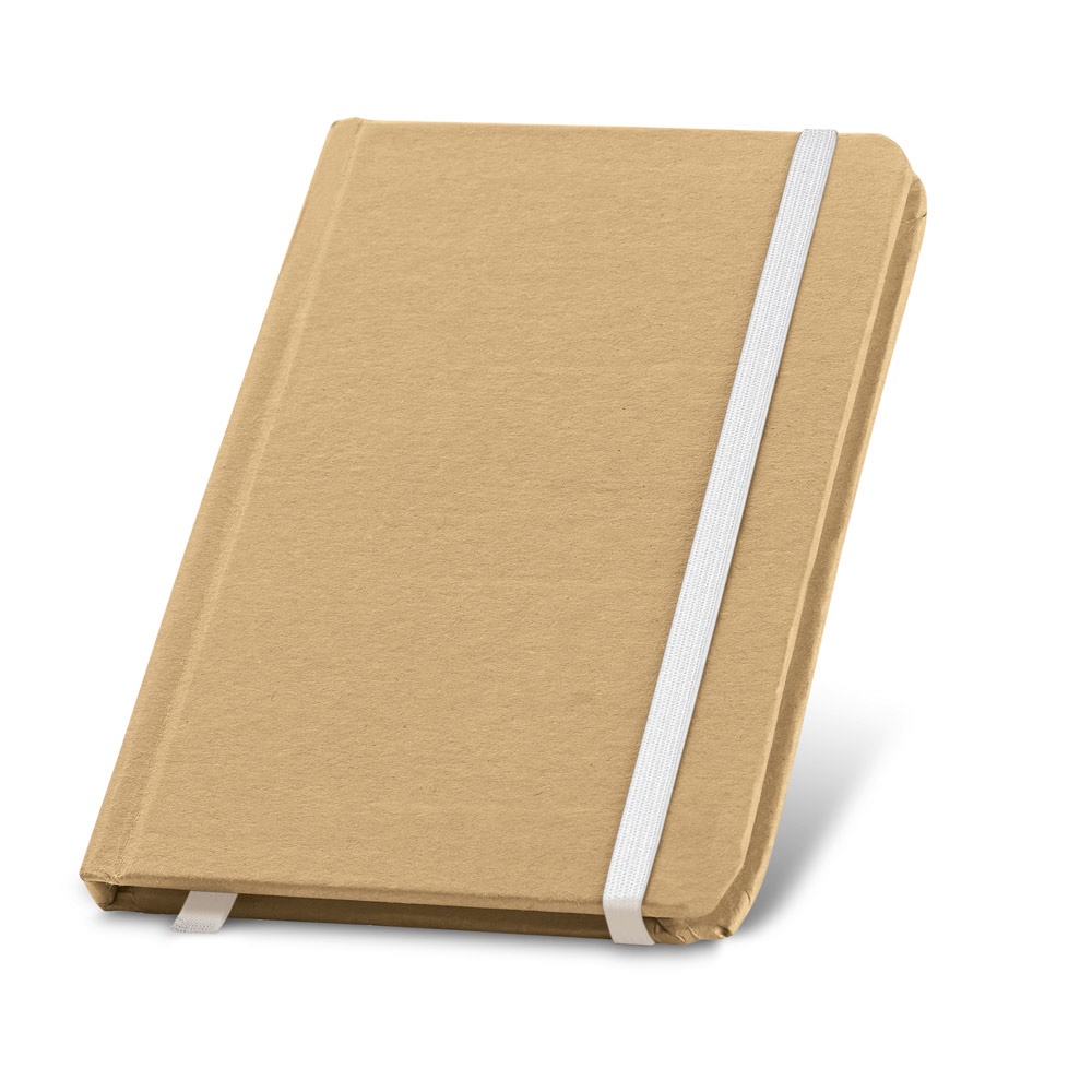 Caderno de bolso de capa dura em cartão reciclado com páginas lisas na cor Branco, personalizado com a logo da empresa