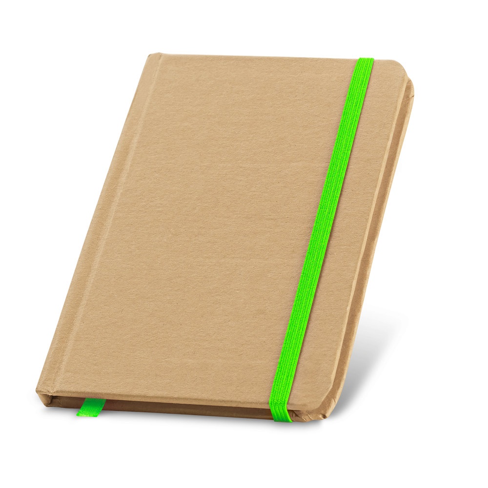 Caderno de bolso de capa dura em cartão reciclado com páginas lisas personalizado com a logo da empresa, na cor verde claro