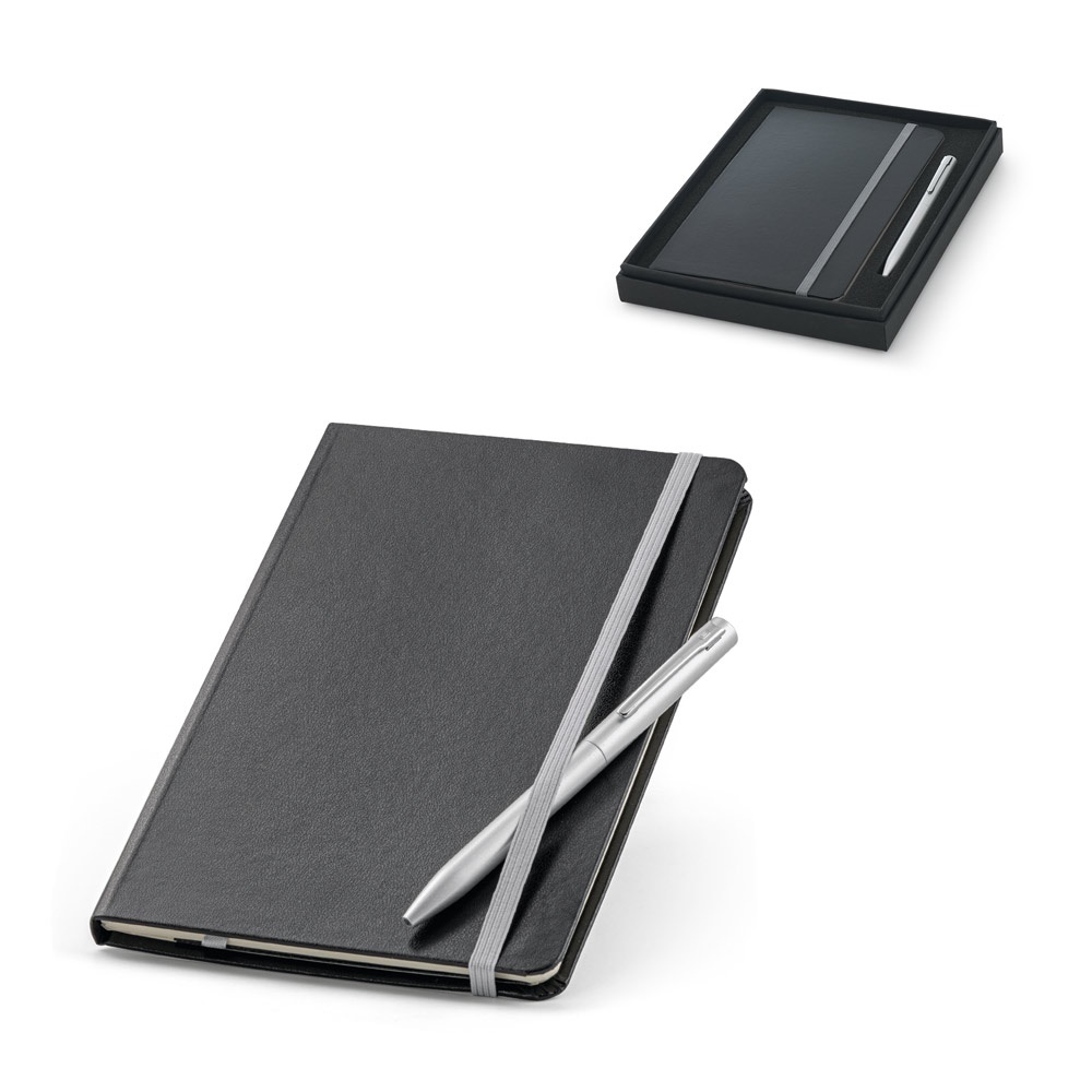 Conjunto de caderno A5 com 160 páginas pautadas e caneta em alumínio personalizado com a logo da empresa