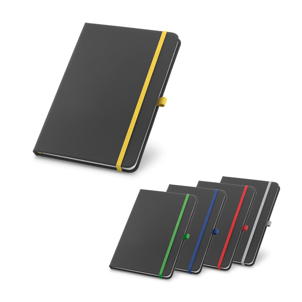 Caderno A5 de capa dura em couro sintético com 160 páginas pautadas personalizado com a logo da empresa
