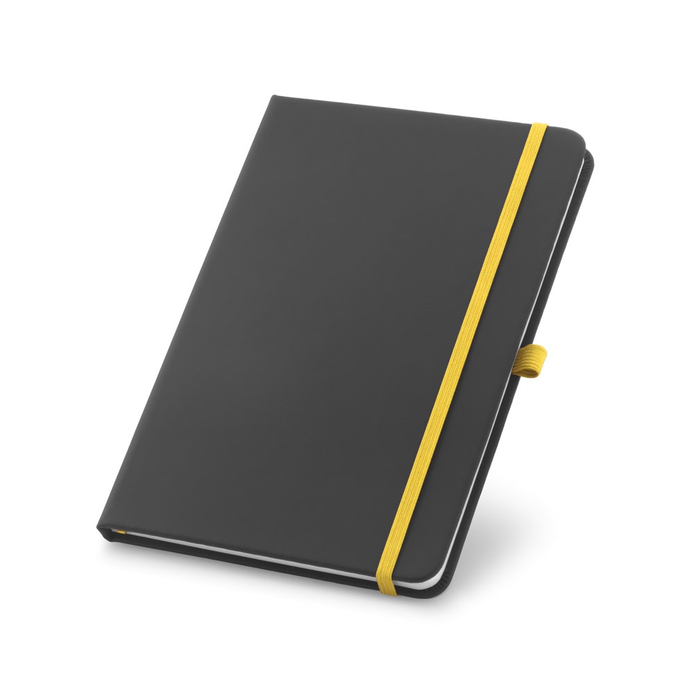 Caderno A5 de capa dura em couro sintético com 160 páginas pautadas personalizado com a logo da empresa, na cor amarelo