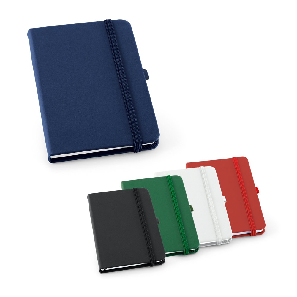 Caderno A6 de capa dura em couro sintético com 160 páginas pautadas personalizado com a logo da empresa