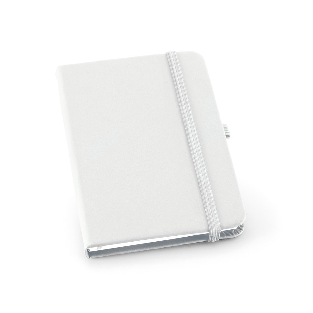 Caderno A6 de capa dura em couro sintético com 160 páginas pautadas na cor Branco, personalizado com a logo da empresa