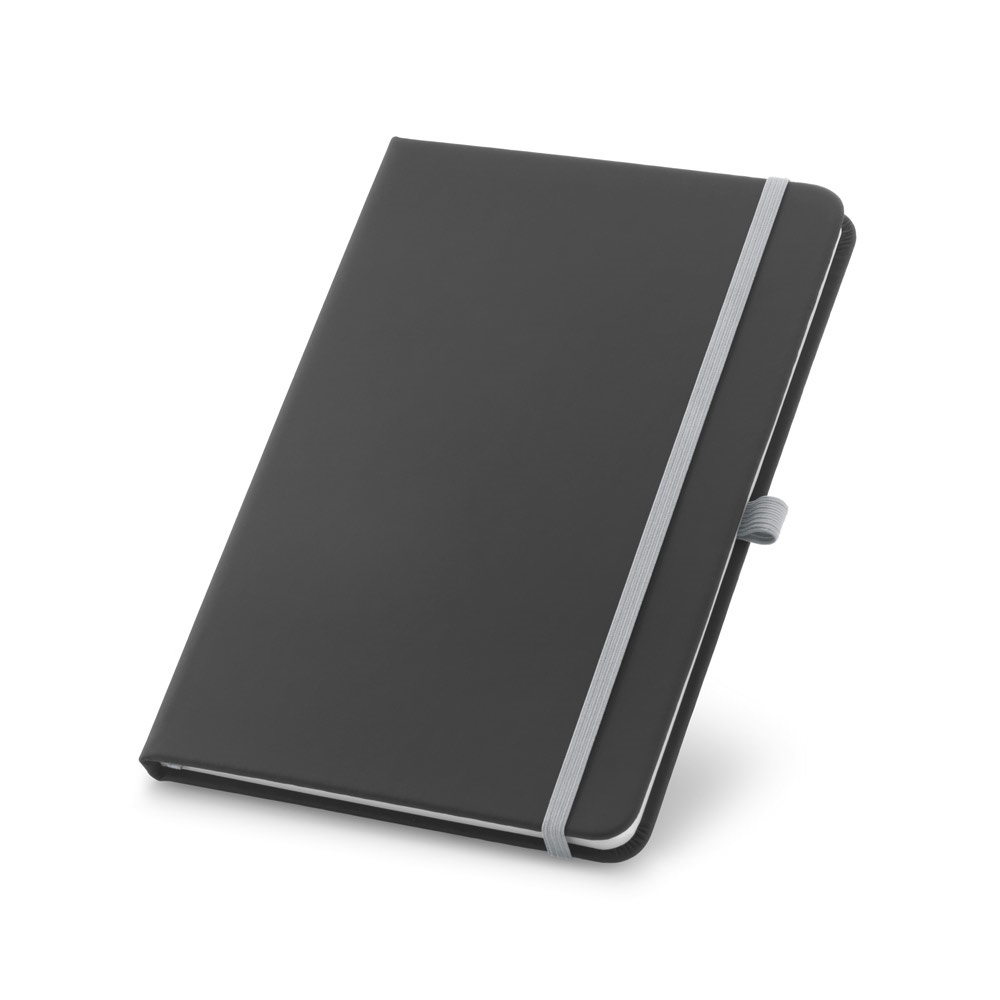 Caderno A6 de capa dura em couro sintético com elástico e porta-caneta na cor Cinza claro, personalizado com a logo da empresa