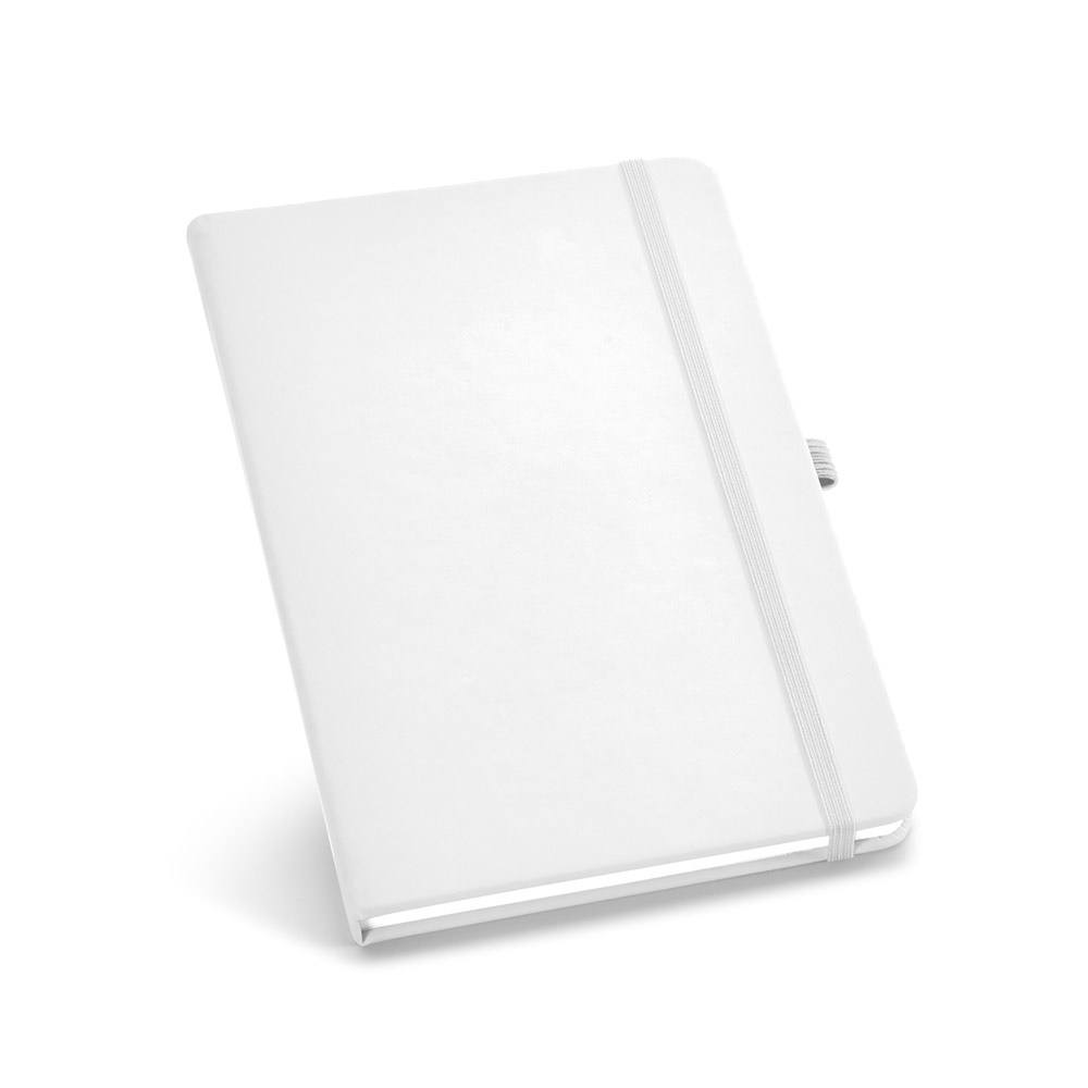 Caderno B6 de capa dura em couro sintético com páginas lisas na cor Branco, personalizado com a logo da empresa
