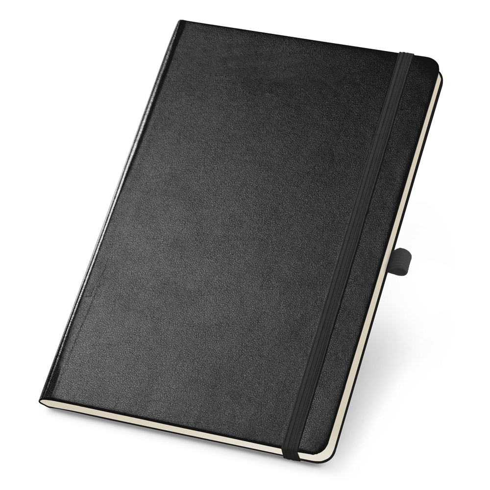 Caderno A6 de capa dura com páginas lisas e porta-caneta na cor Preto, personalizado com a logo da empresa