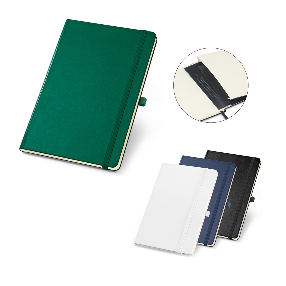Caderno B6 de capa dura com páginas lisas e porta-caneta personalizado com a logo da empresa