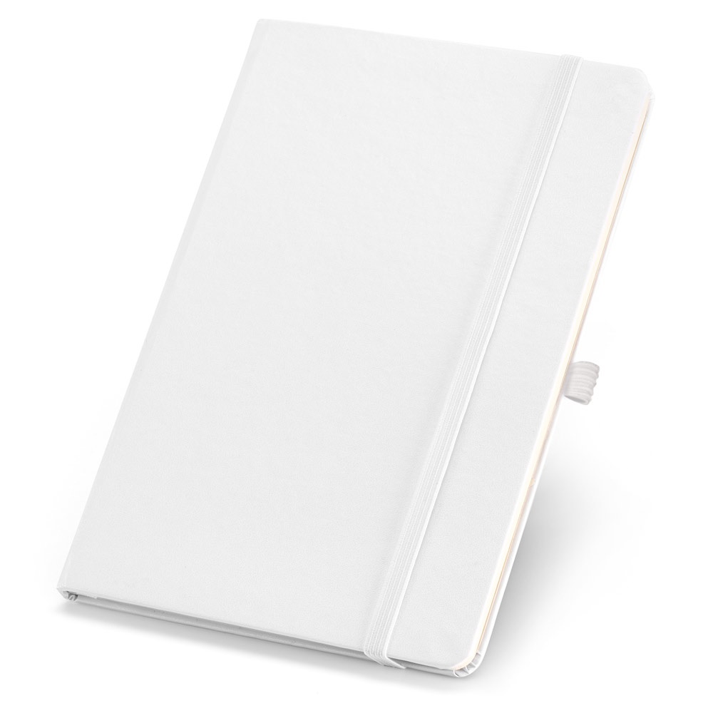 Caderno B6 de capa dura com páginas lisas e porta-caneta na cor Branco, personalizado com a logo da empresa