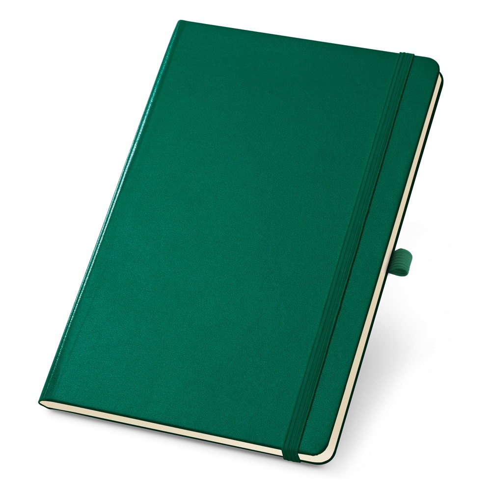 Caderno B6 de capa dura com páginas lisas e porta-caneta
