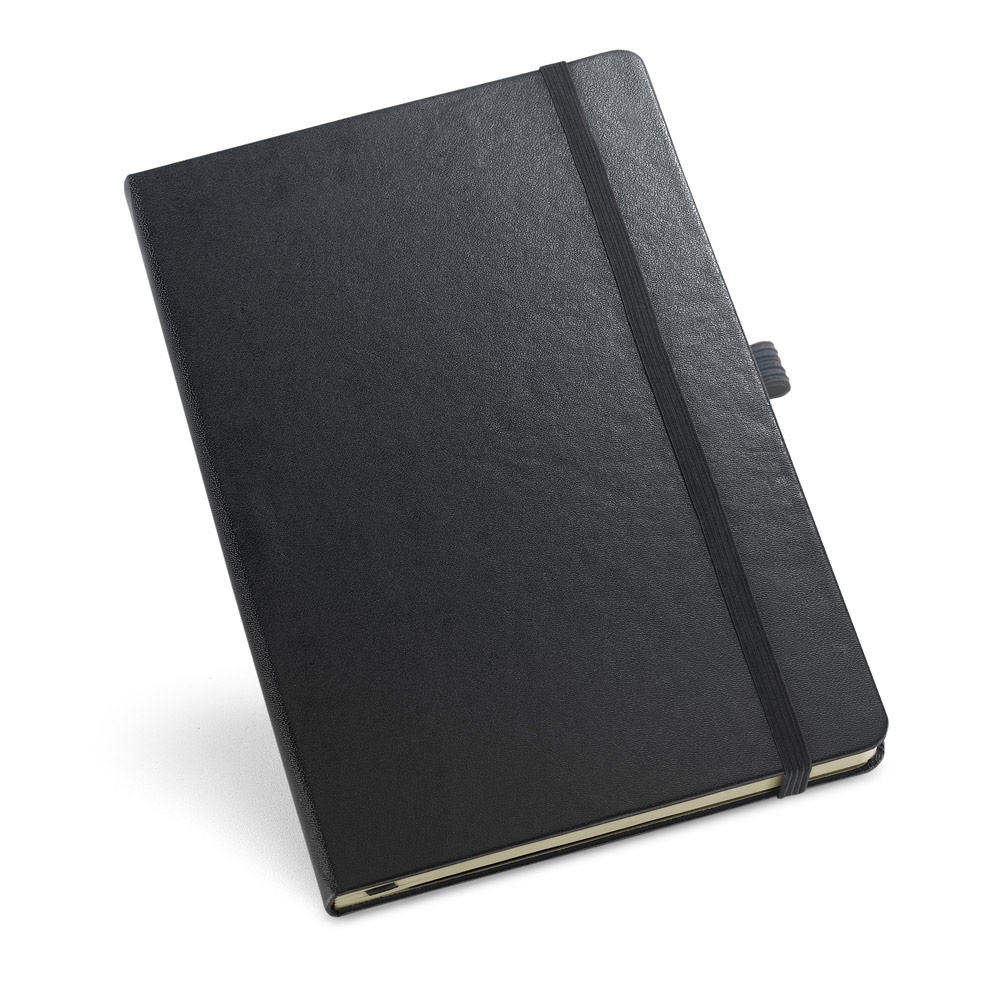 Caderno A5 de capa dura com páginas pautadas e porta-caneta