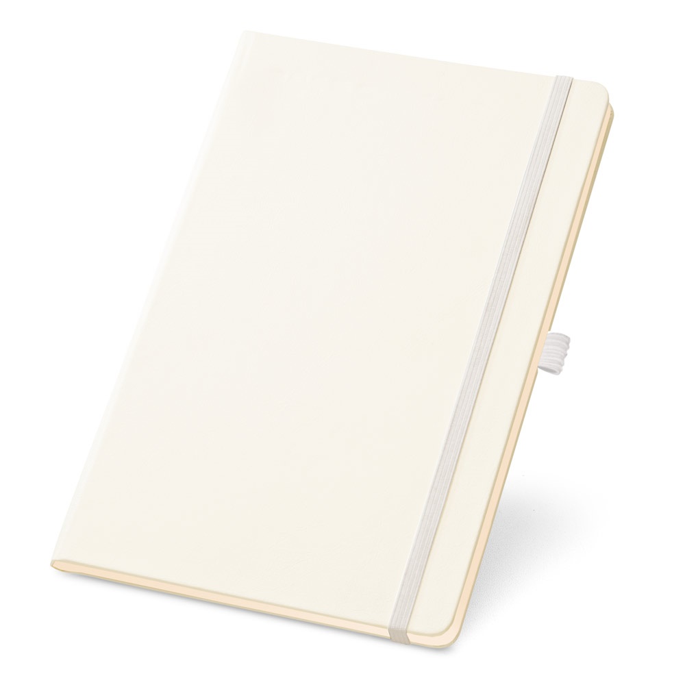 Caderno A5 de capa dura com páginas pautadas e porta-caneta