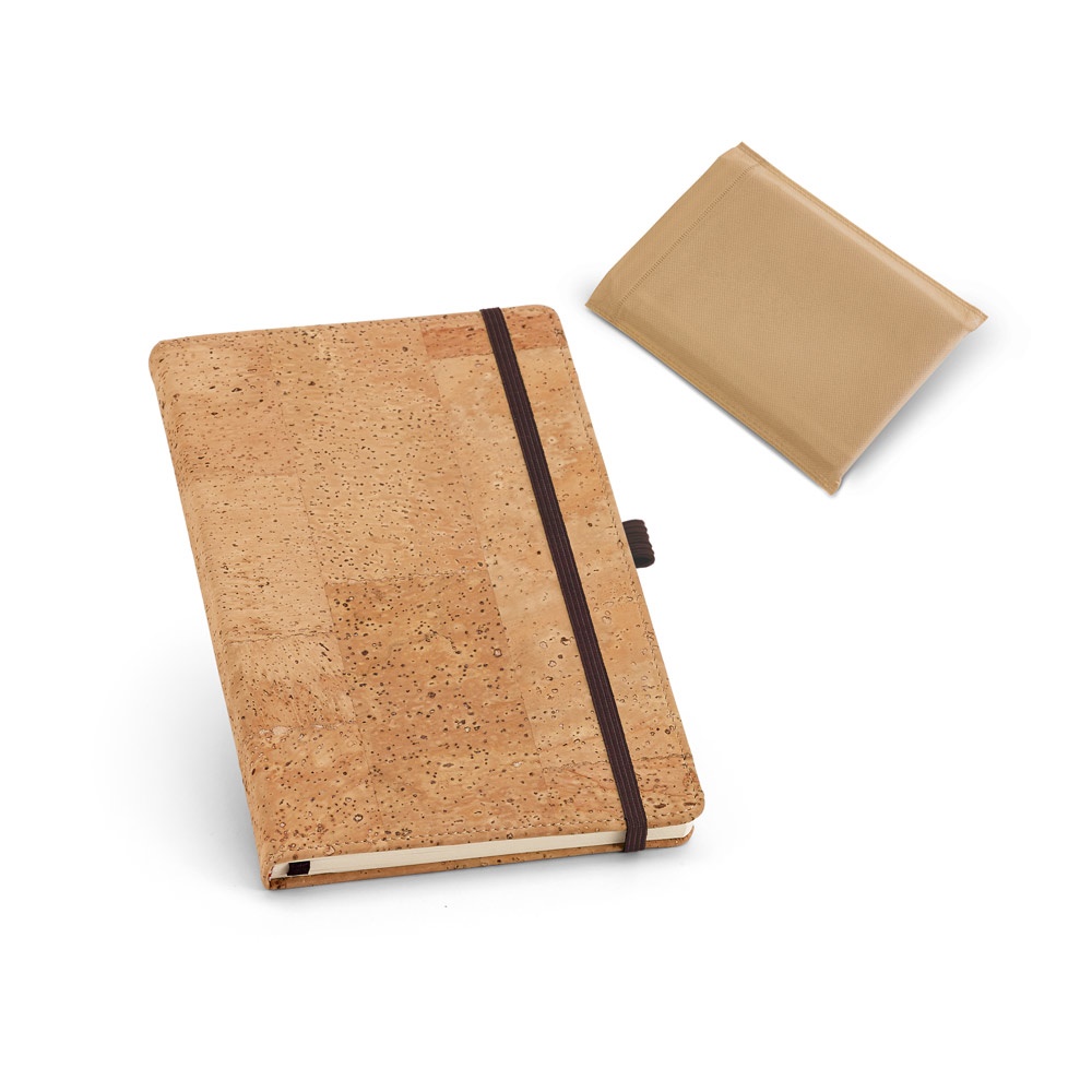 Caderno A6 de capa dura em cortiça, com páginas lisas personalizado com a logo da empresa