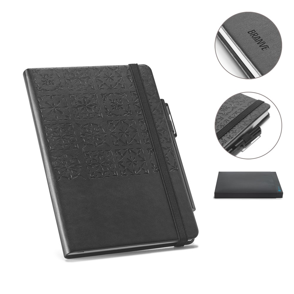 Caderno A5 pautado em couro sintético com 128 folhas e elástico personalizado com a logo da empresa