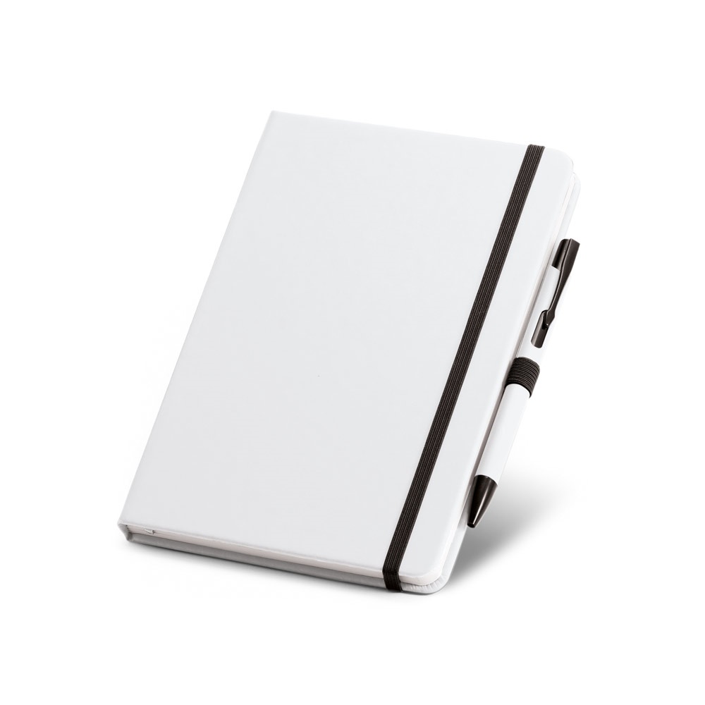 Conjunto de caderno A5 e caneta esferográfica com escrita em azul na cor Branco, personalizado com a logo da empresa