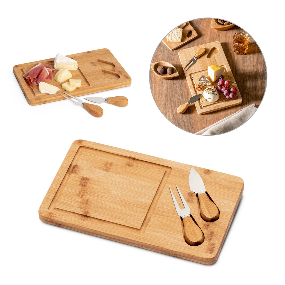 Tábua de queijos em bambu com 2 utensílios em bambu e aço inox personalizada com a logo da empresa