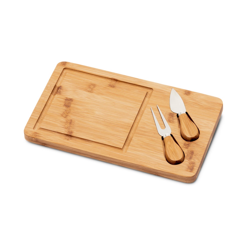 Tábua de queijos em bambu com 2 utensílios em bambu e aço inox, foto 3
