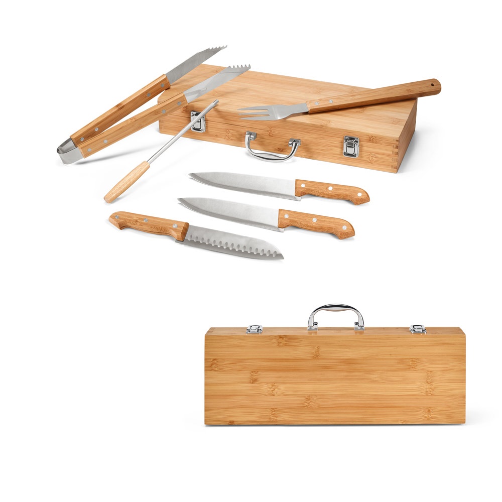 Kit churrasco em estojo de bambu com 6 peças em aço inox e bambu personalizado com a logo da empresa