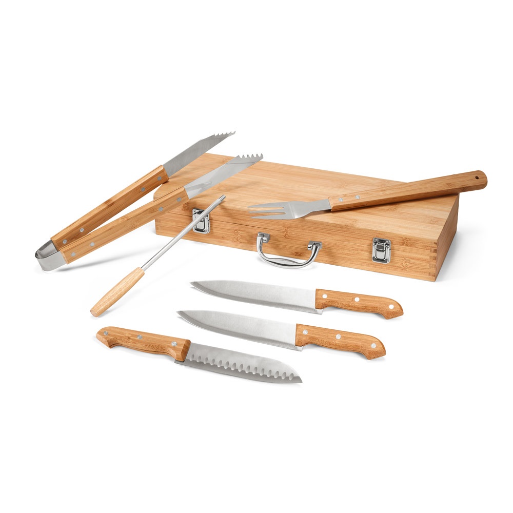 Kit churrasco em estojo de bambu com 6 peças em aço inox e bambu na cor Natural, personalizado com a logo da empresa
