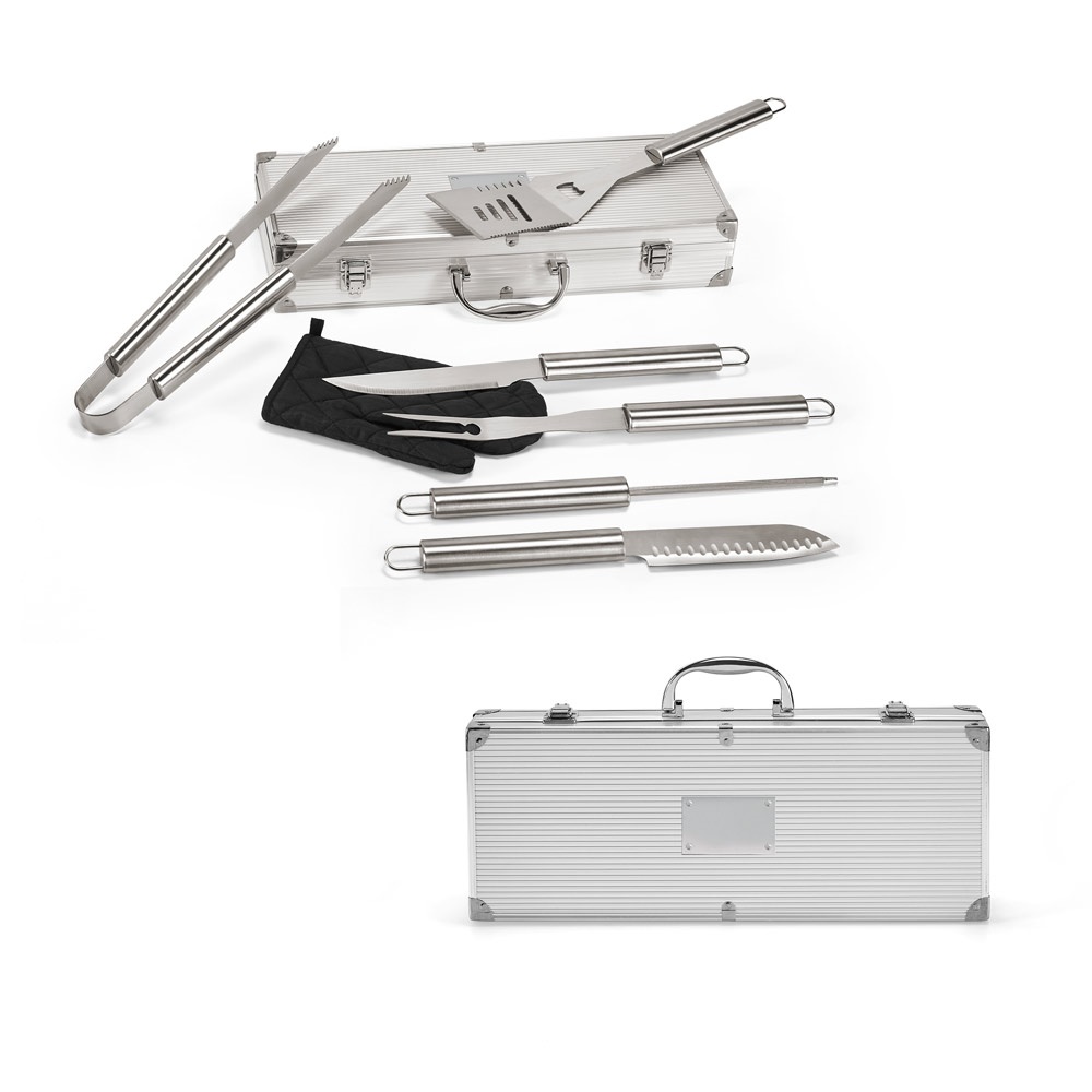 Kit churrasco com 6 utensílios e luva em estojo de alumínio personalizado com a logo da empresa