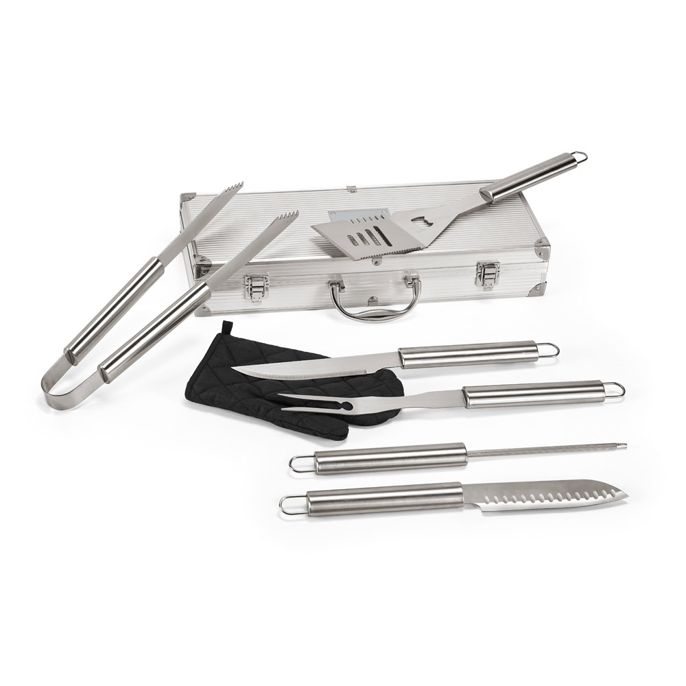Kit churrasco com 6 utensílios e luva em estojo de alumínio na cor Cromado satinado, personalizado com a logo da empresa