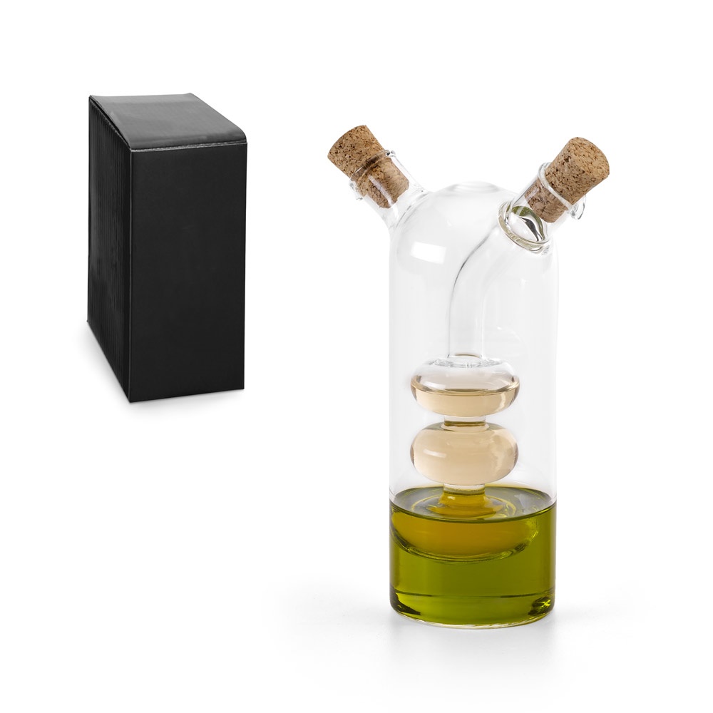Galheteiro em vidro que contém dois reservatórios 50 ml e 250 ml personalizado com a logo da empresa