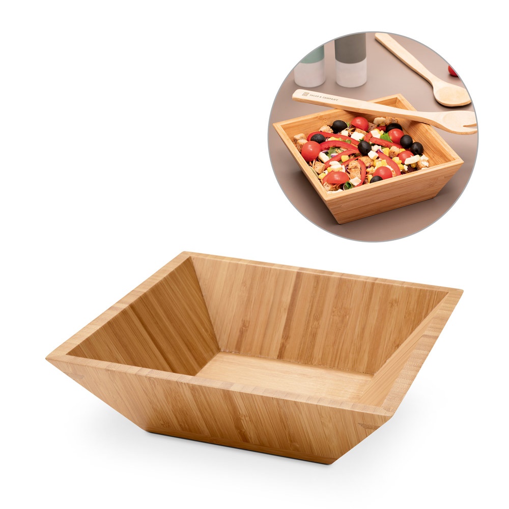 Saladeira em bambu em formato quadrado personalizada com a logo da empresa