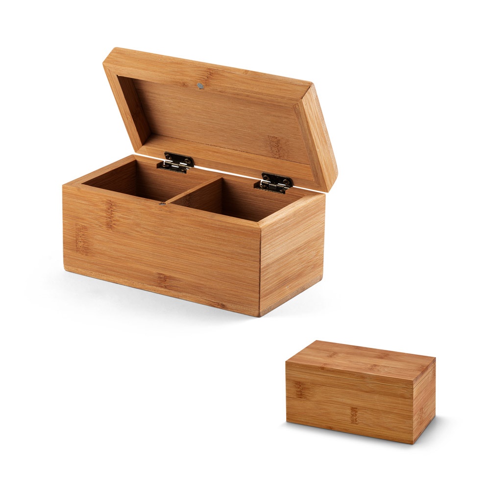 Caixa de chás em bambu com 2 compartimentos e fecho com ímã personalizada com a logo da empresa