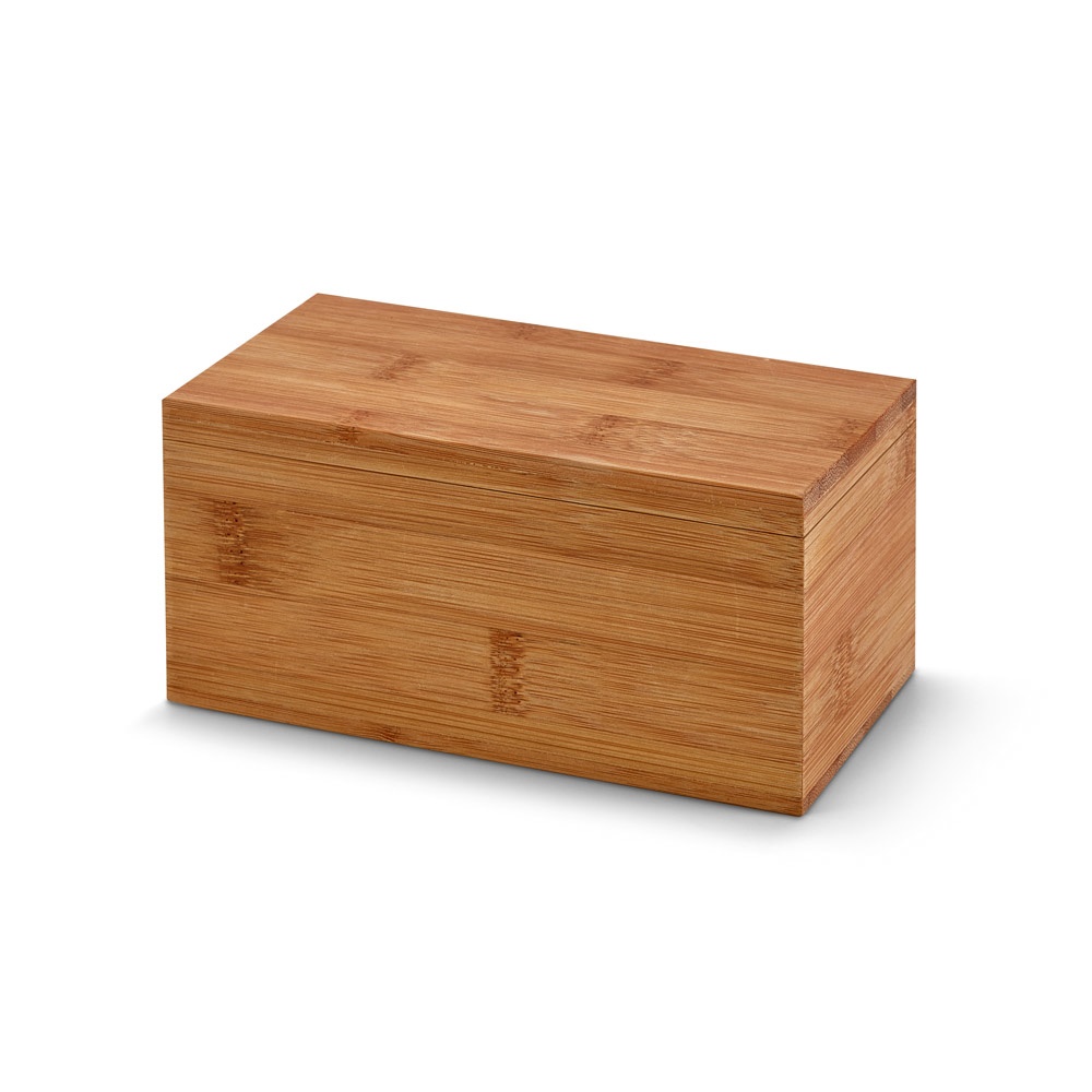 Caixa de chás em bambu com 2 compartimentos e fecho com ímã na cor Natural, personalizada com a logo da empresa