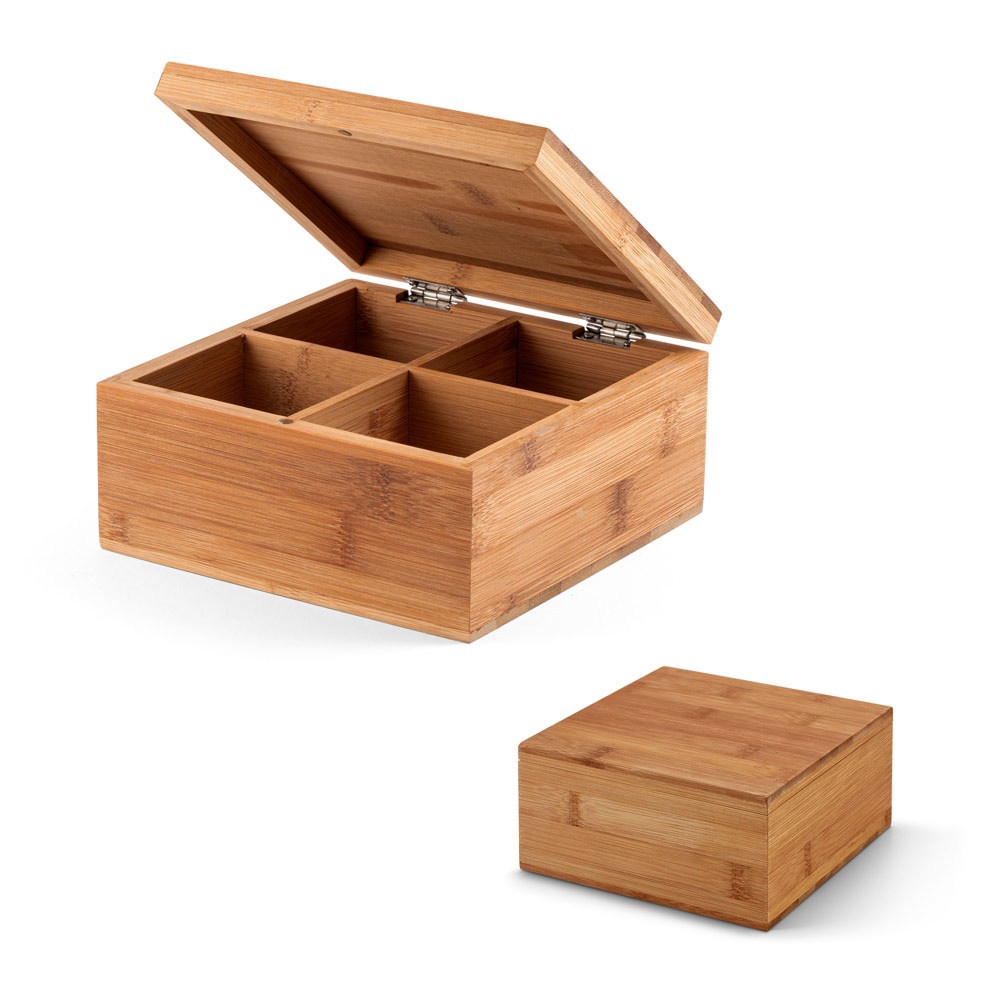 Caixa de chás em bambu com 4 compartimentos e fecho com ímã personalizada com a logo da empresa