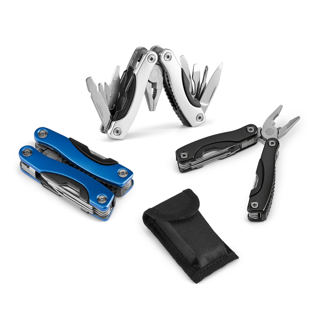 Mini alicate multifunções com 9 funções em aço inox e alumínio personalizado com a logo da empresa