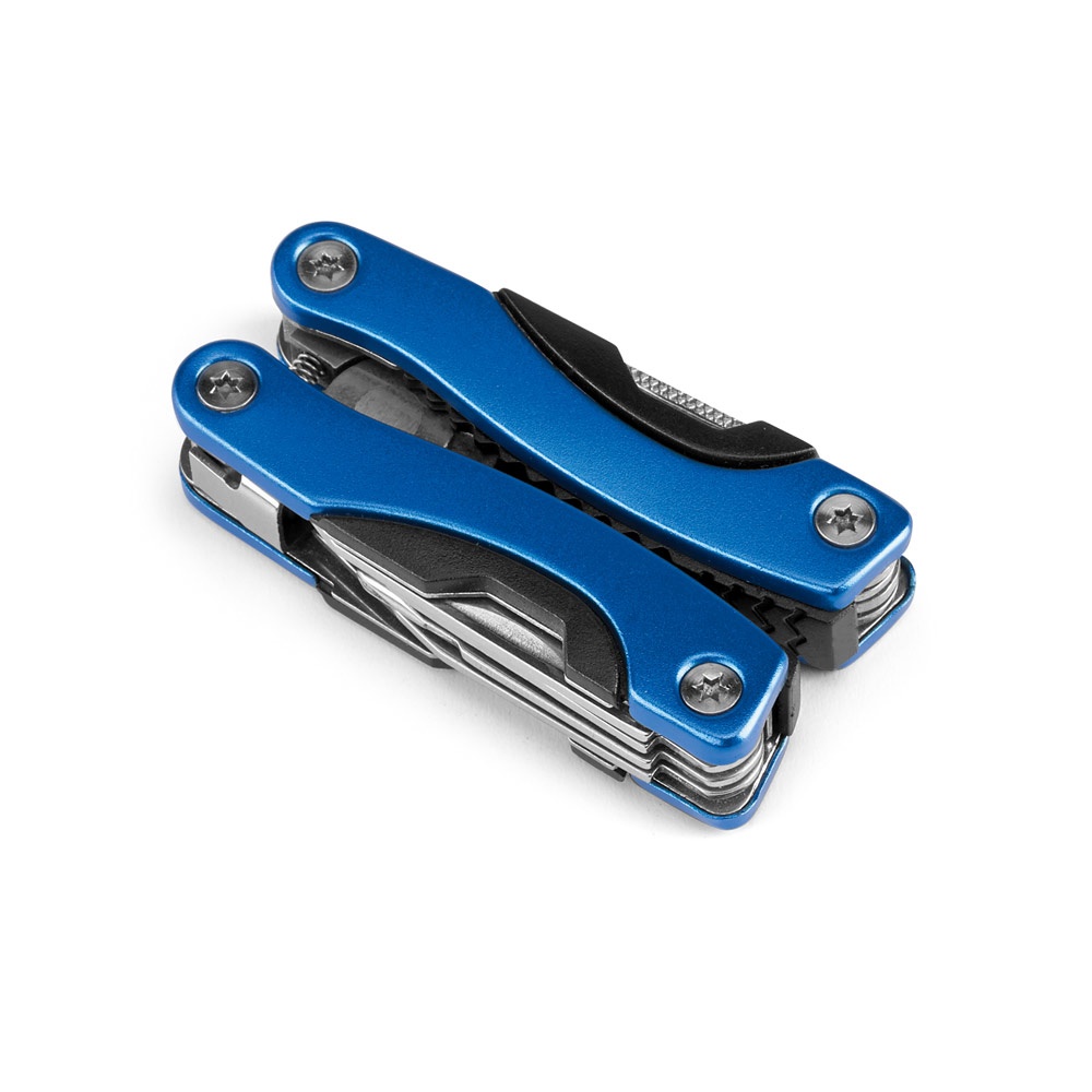 Mini alicate multifunções com 9 funções em aço inox e alumínio na cor Azul royal, personalizado com a logo da empresa
