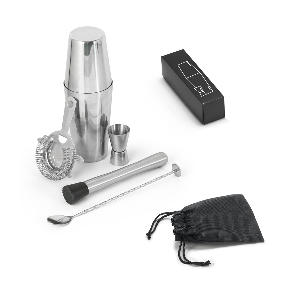 Set de coquetel com 6 peças em aço inox personalizado com a logo da empresa