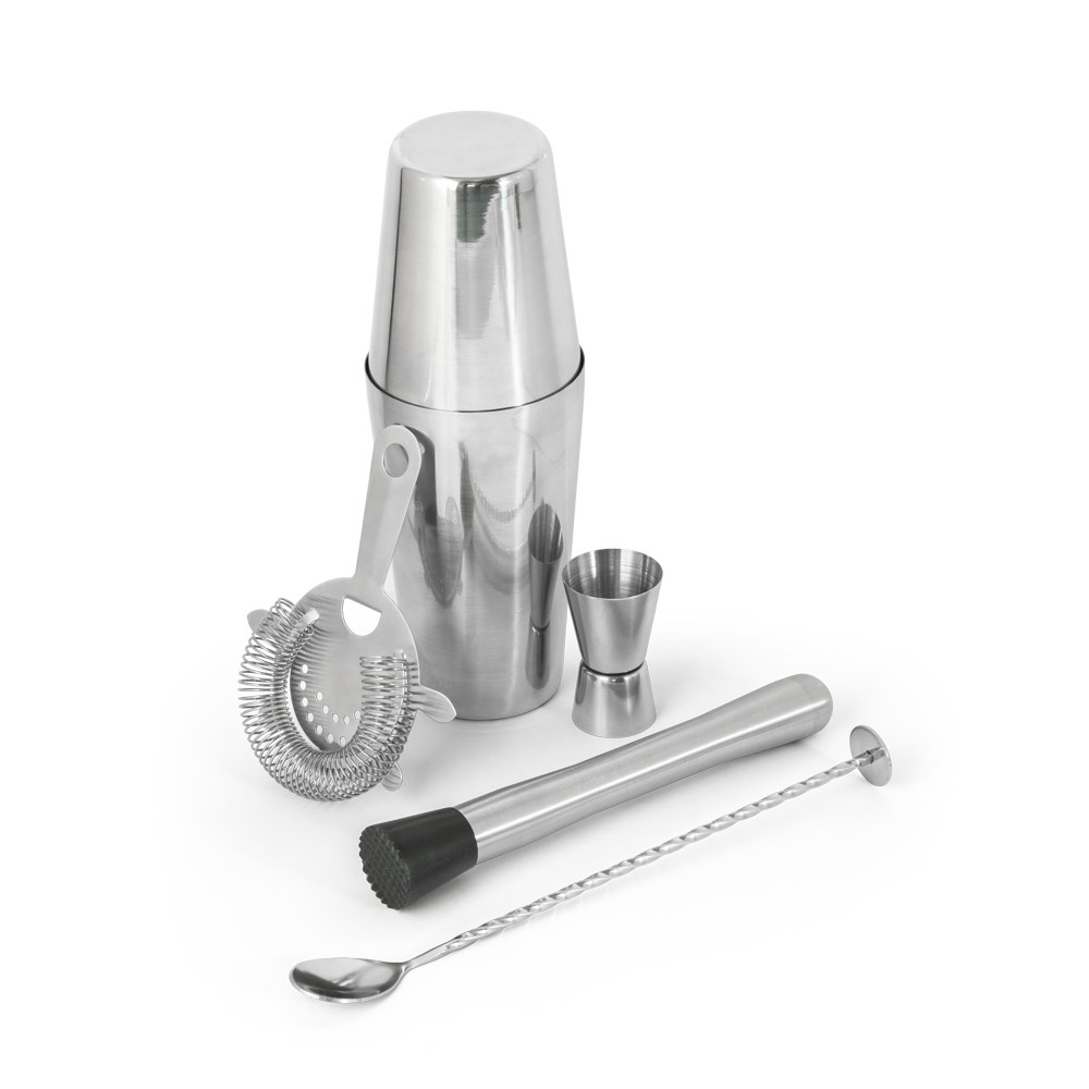 Set de coquetel com 6 peças em aço inox na cor Cromado, personalizado com a logo da empresa