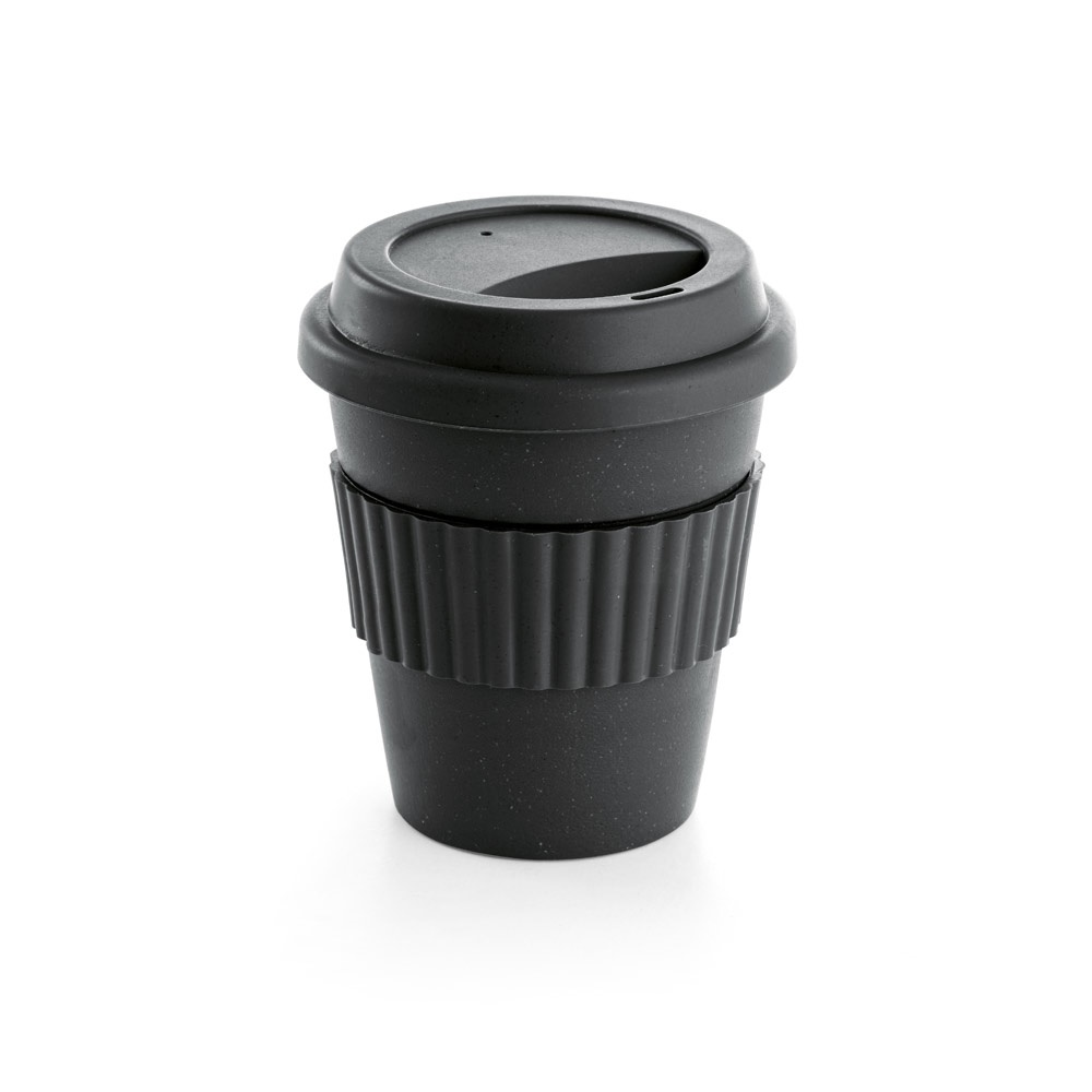 Copo de viagem em fibra de bambu (60%) e PP (40%) com tampa na cor Preto, personalizado com a logo da empresa