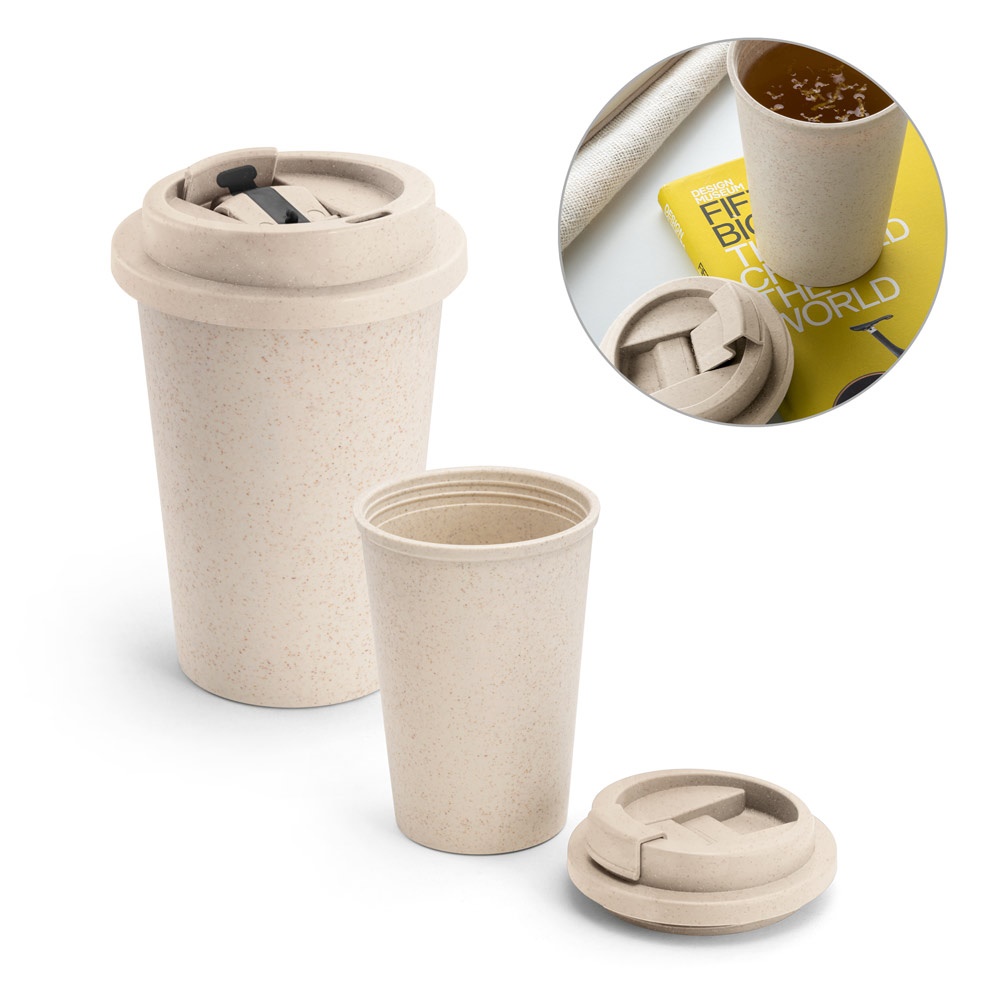 Copo de viagem em fibra de bambu (60%) e PP (40%) com tampa flip top (380 ml) personalizado com a logo da empresa