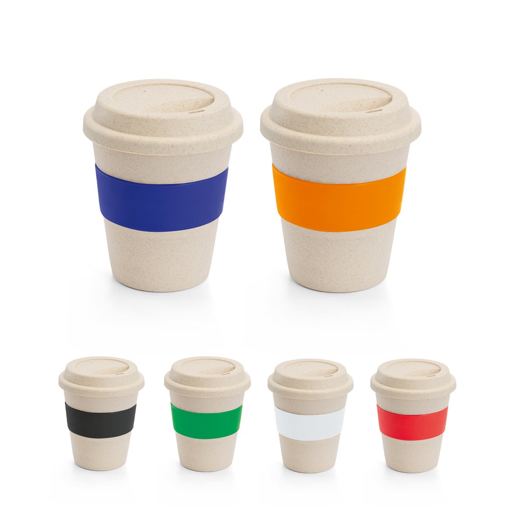 Copo de viagem em fibra de bambu (60%) e PP (40%) com tampa (380 ml) personalizado com a logo da empresa