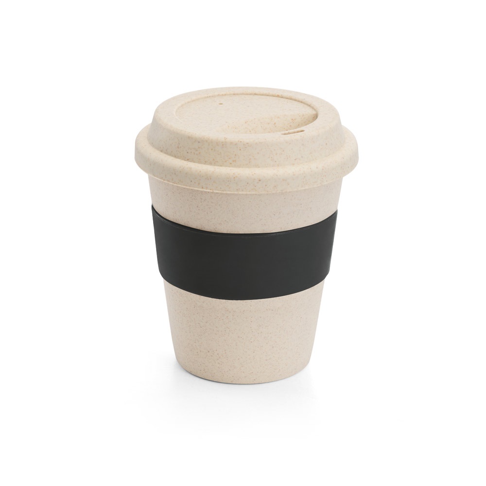 Copo de viagem em fibra de bambu (60%) e PP (40%) com tampa (380 ml) na cor Preto, personalizado com a logo da empresa