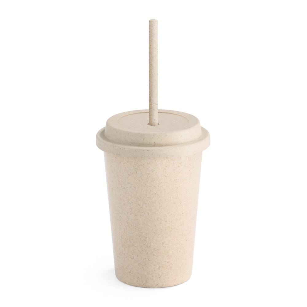 Copo de viagem em fibra de bambu (60%) e PP (40%) com tampa e canudo (450 ml) na cor Natural claro, personalizado com a logo da empresa