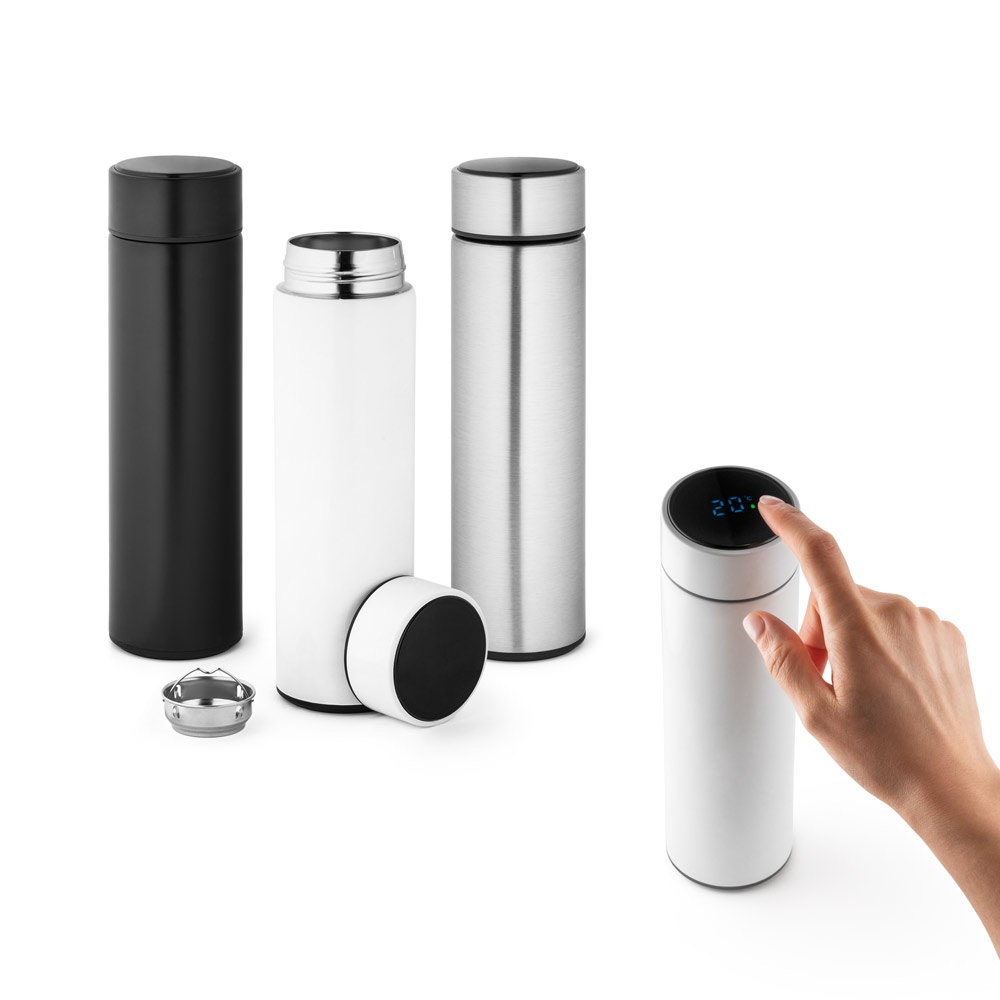 Garrafa térmica 450 ml em aço inox com termômetro digital e infusor personalizada com a logo da empresa