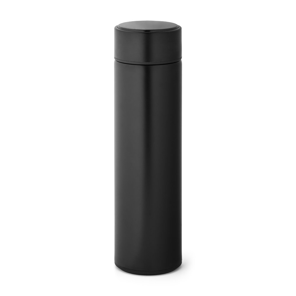 Garrafa térmica 450 ml em aço inox com termômetro digital e infusor na cor Preto, personalizada com a logo da empresa