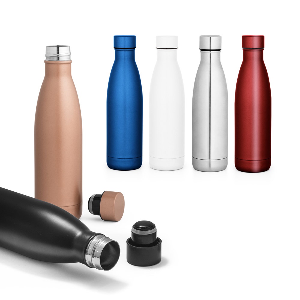 Garrafa térmica em aço inox 500 ml com tampa de inox em caixa kraft personalizada com a logo da empresa