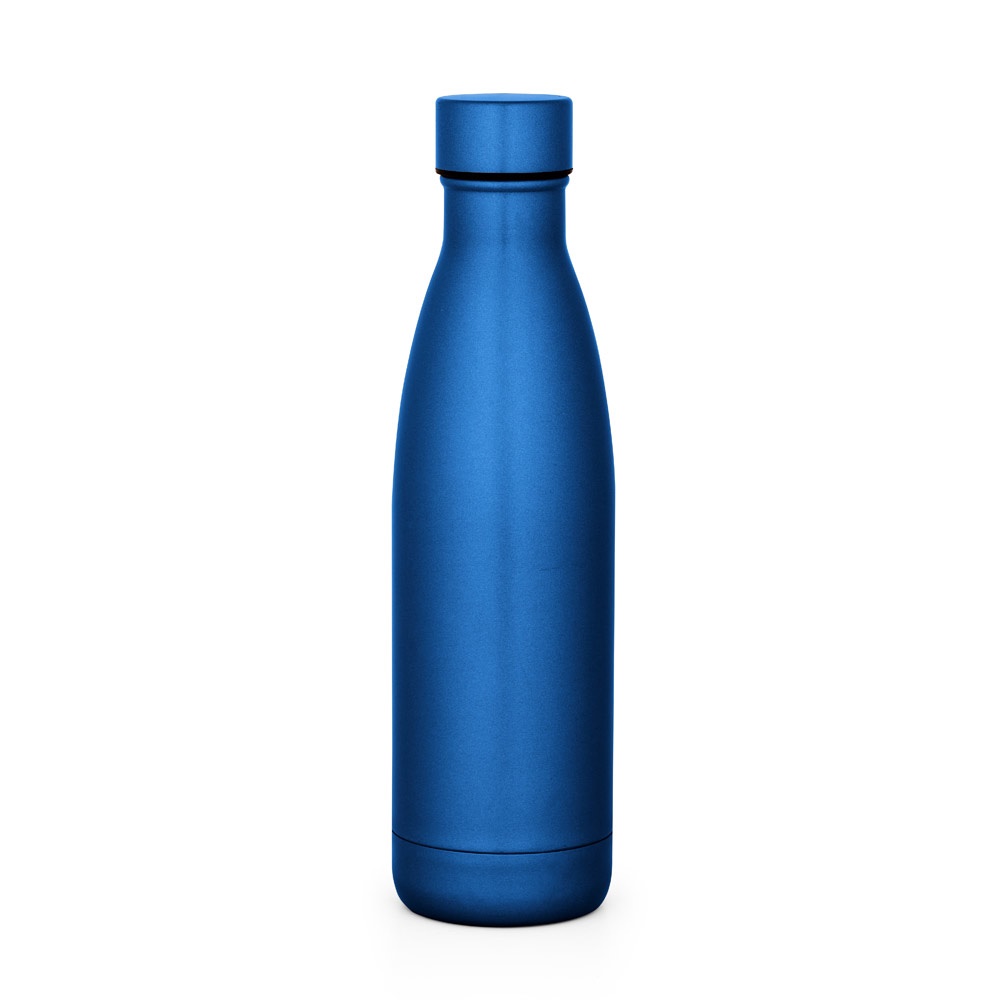 Garrafa térmica em aço inox 500 ml com tampa de inox em caixa kraft personalizada com a logo da empresa, na cor azul royal