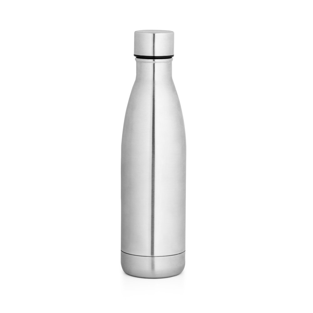 Garrafa térmica em aço inox 500 ml com tampa de inox em caixa kraft personalizada com a logo da empresa, na cor cromado satinado
