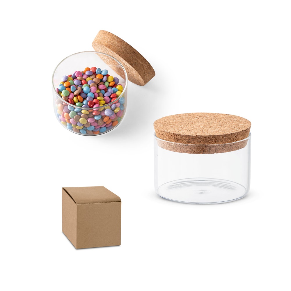 Frasco em vidro borosilicato com tampa de cortiça 380 ml personalizado com a logo da empresa
